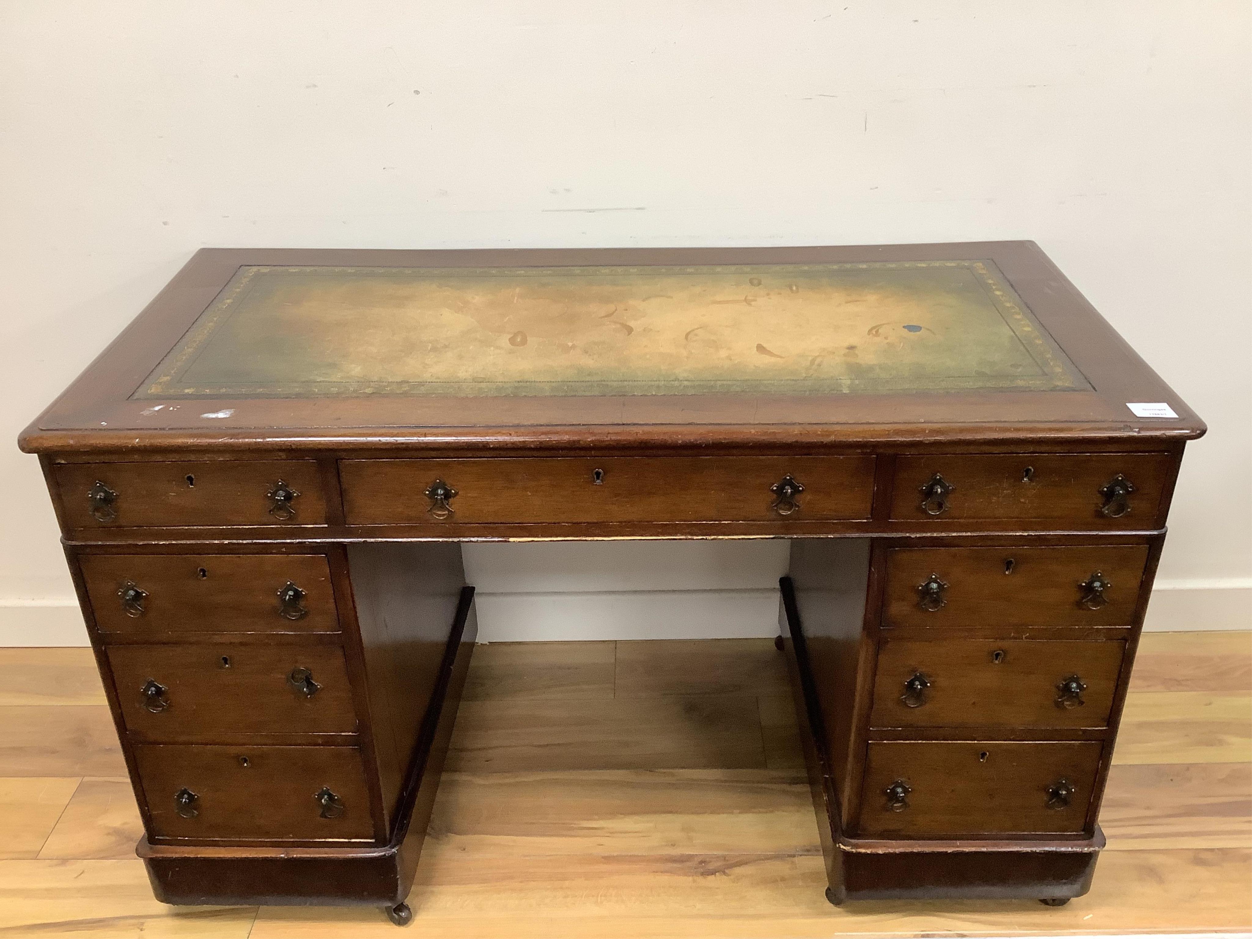 A Victorian mahogany pedestal desk, width 119cm, depth 59cm, height 71cm. Condition - fair